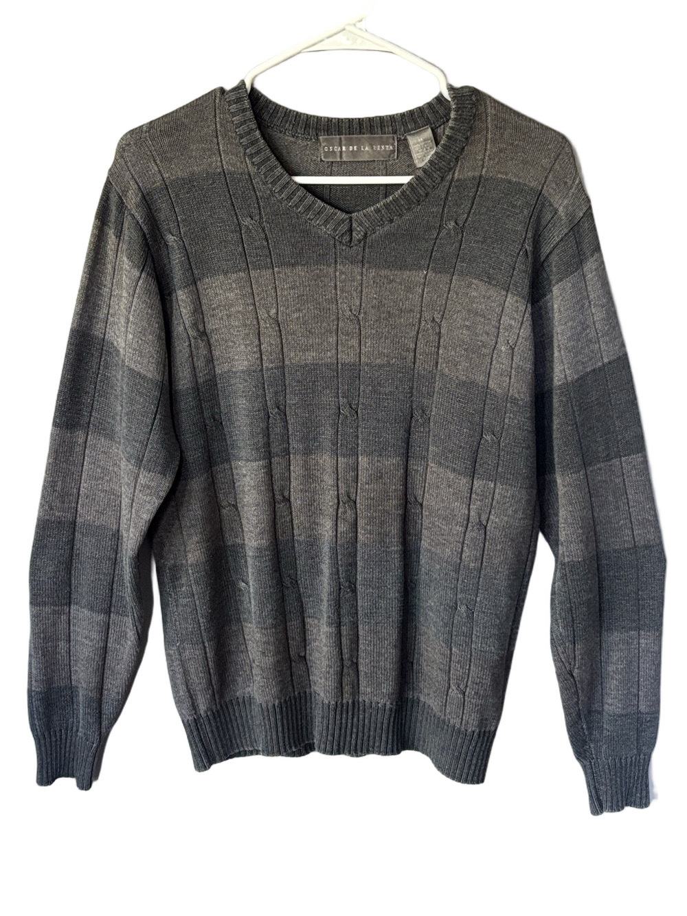 Oscar de la Renta Men’s Vintage V-Neck Sweater Gray Stripe Knit 90s Designer M